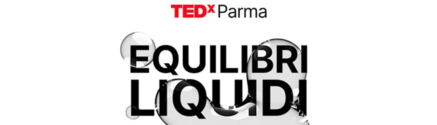 banner con il logo di TEDx Parma “Equilibri Liquidi” su sfondo bianco