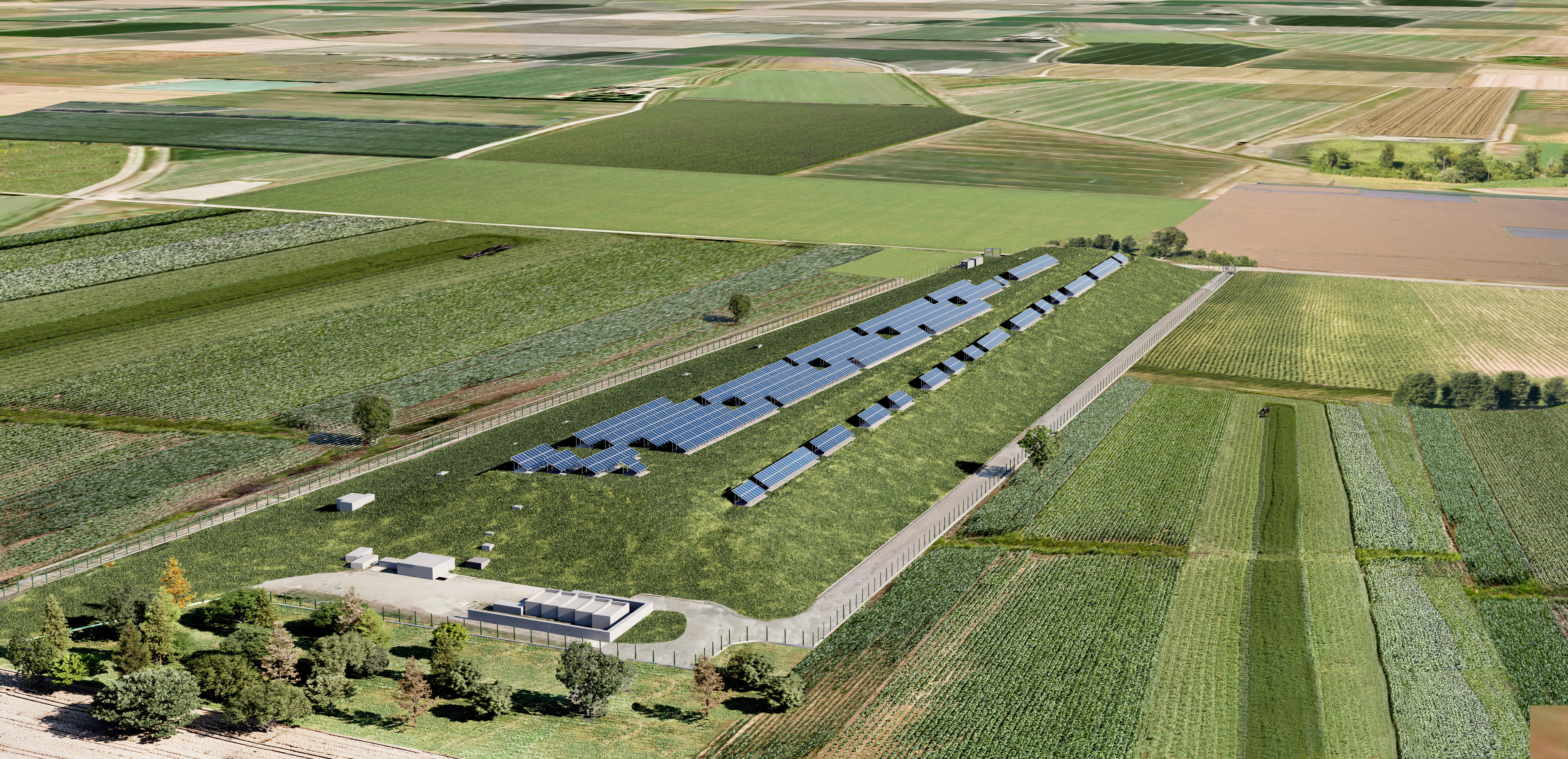 una foto aerea dell'impianto fotovoltaico di Ravadese